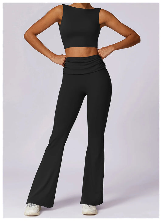 High-Waisted Flared Active Pants with Sculpting Fit – Neutral Beige