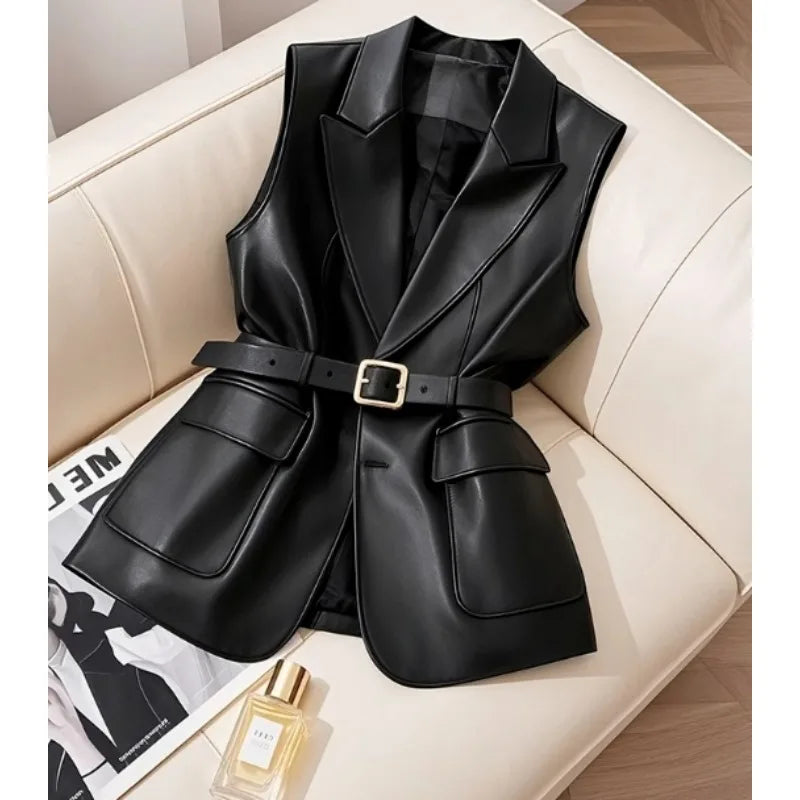 Black Leather Waistcoat This Year's Popular Explosive Unique High-level Sense of Folded Sleeveless Coat.