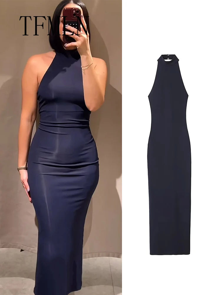 Polished TFMLN Women Halter Neck Dress/Long Chic Off Shoulder Backless Sexy  Maxi Dress/Elegant Solid Party Dress.