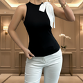 Elegant Black Bow Blouse/O~Neck White Stylish Decoration/Sleeveless Skinny Fit Slim Tank Top.