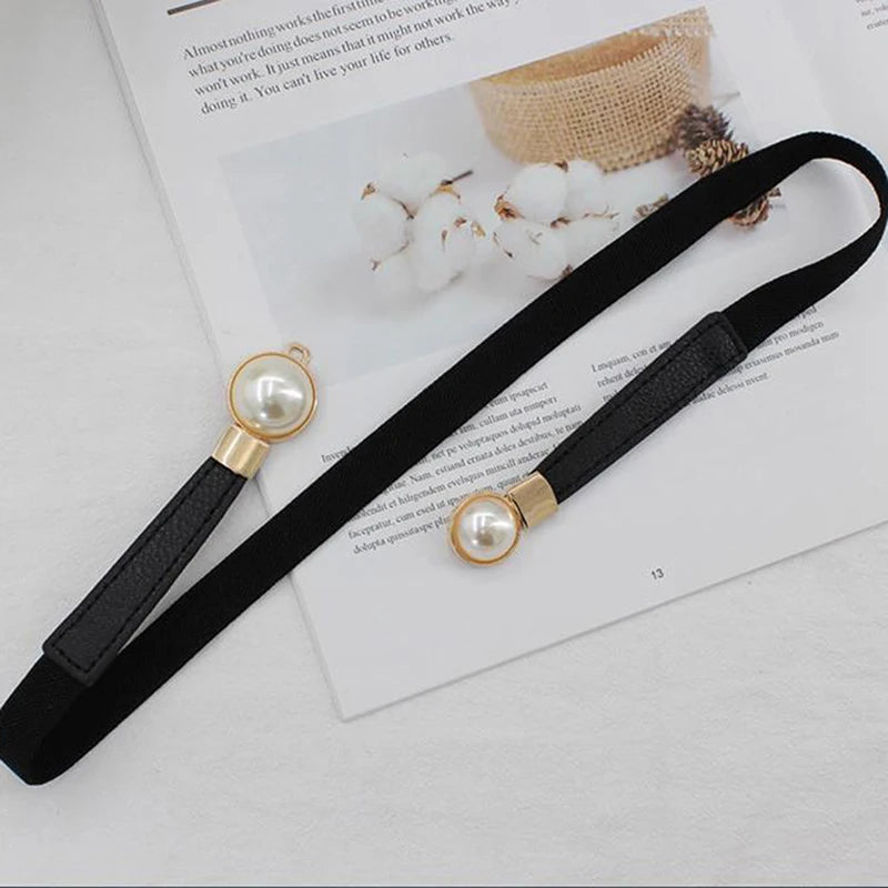 Creative Pearl Buckle Belt/PU Leather Dress Skirt/Waist Elastic Thin Women Belts Ladies Waistband.
