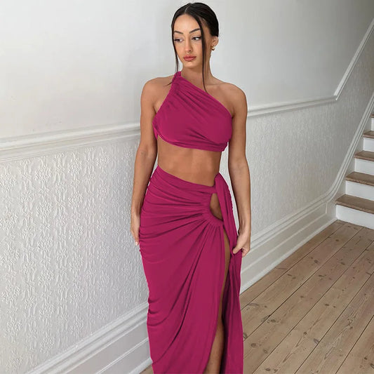 Luxury One-Shoulder Ruched Skirt Set – Elegant Backless Crop Top & High Slit Maxi Skirt Two-Piece Ensemble
