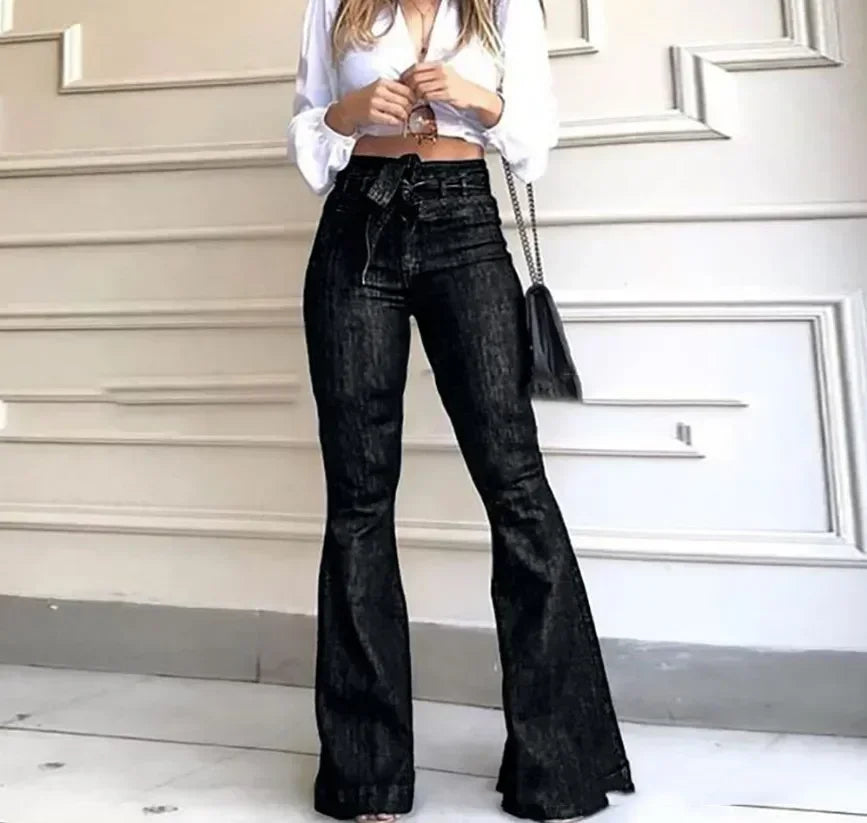 Slightly Stretched High Waist Bell Bottom’s/Flare Pants/Solid Color High Waist/Zipper Fly Flat Pockets/ Streetwear/Slim Patchwork Button Slight Strech Belt.