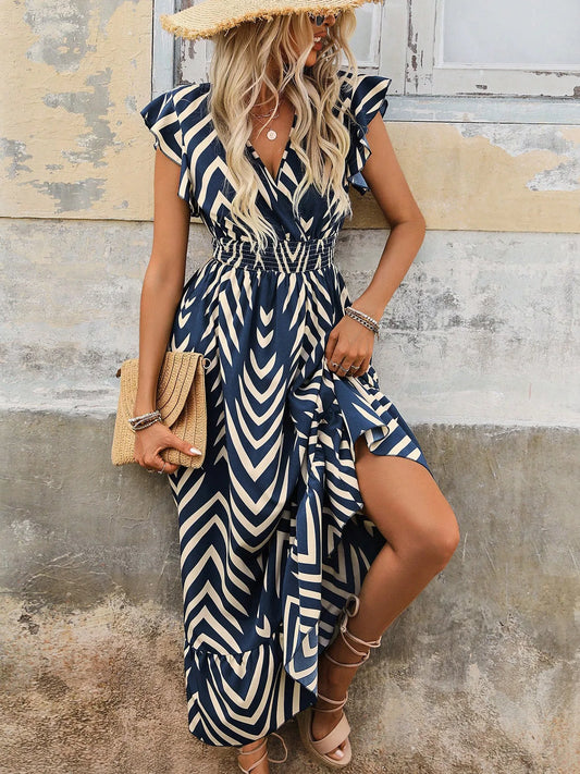 2026 New Summer Women Elegant Printed Short Sleeve Dress Tie Waist Long Hem Casual Fashion Midi Dress