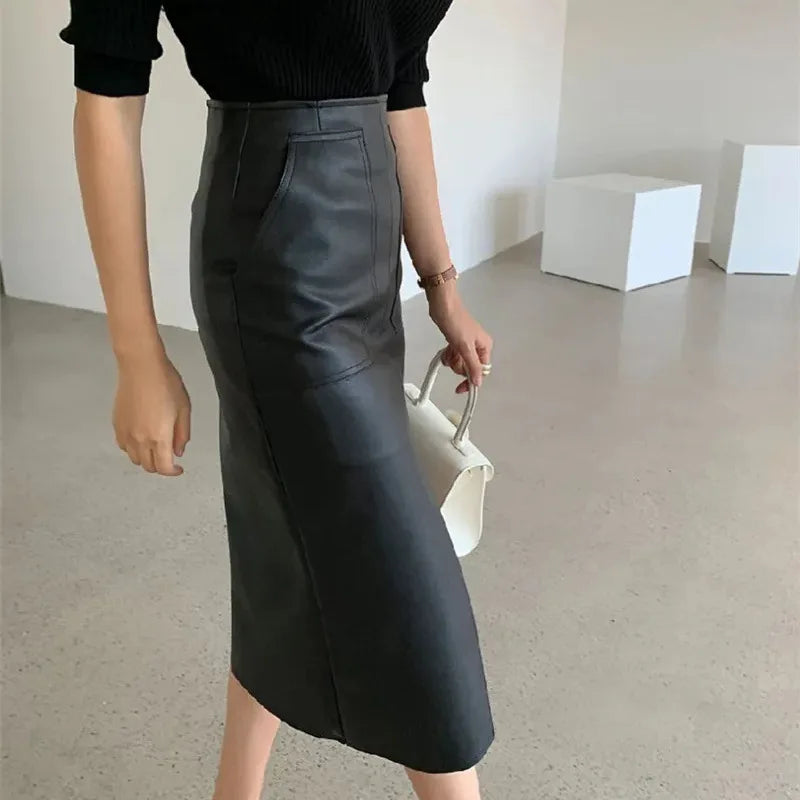 Modern Blend Boutique Women’s High-Waisted Faux Leather Midi Pencil Skirt – Elegant Front Slit, Slim Fit PU Leather Skirt, Timeless Chic Office & Evening Wear