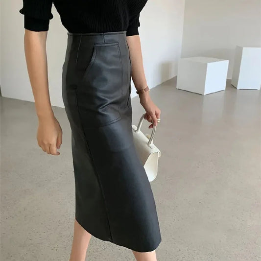 Modern Blend Boutique Women’s High-Waisted Faux Leather Midi Pencil Skirt – Elegant Front Slit, Slim Fit PU Leather Skirt, Timeless Chic Office & Evening Wear