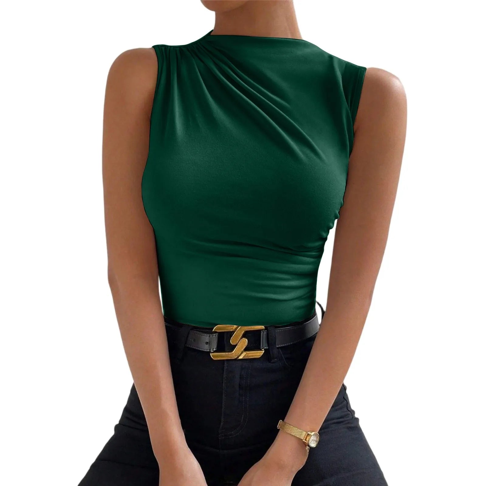 Solid Color Commuted Sleeveless Tight Top’s/Women Fashion Casual Mock  High Neck Ruched Top’s.
