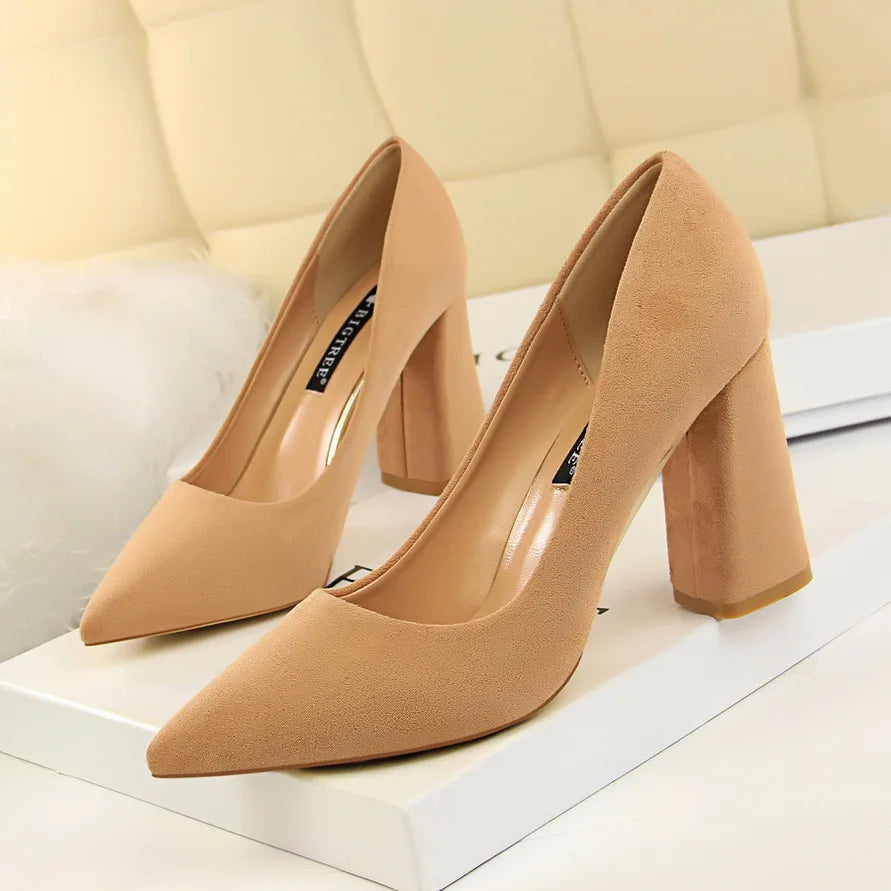 Women’s Suede-Look Pointed Toe Pumps | 8.5cm Block Heel Dress Shoes | Elegant Cognac Brown Heels