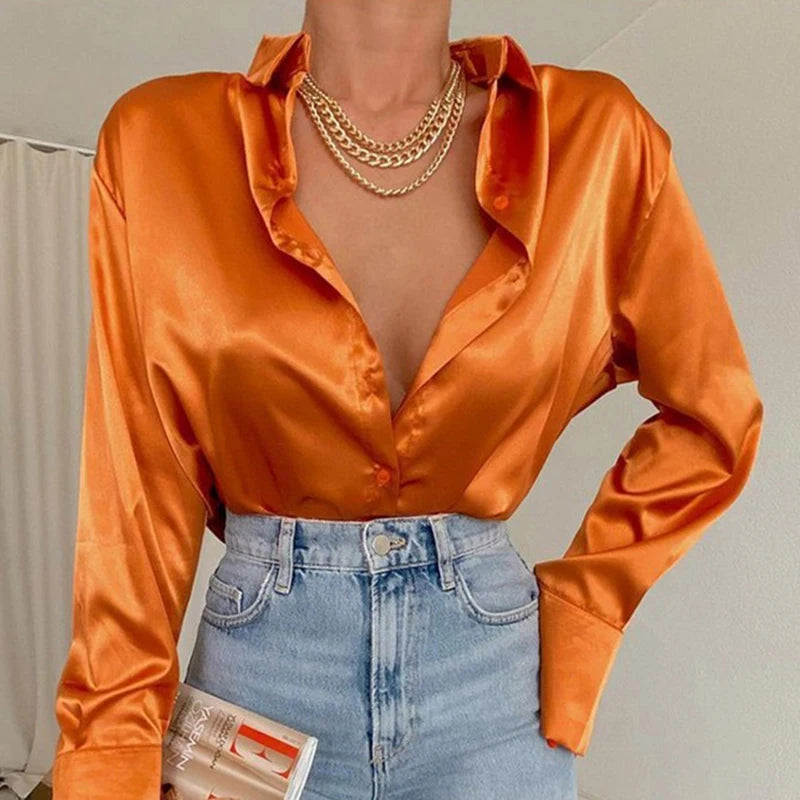 Satin Long Sleeve Blouses/Autumn Vintage Orange Green Silk Shirt Casual Loose Button Up.