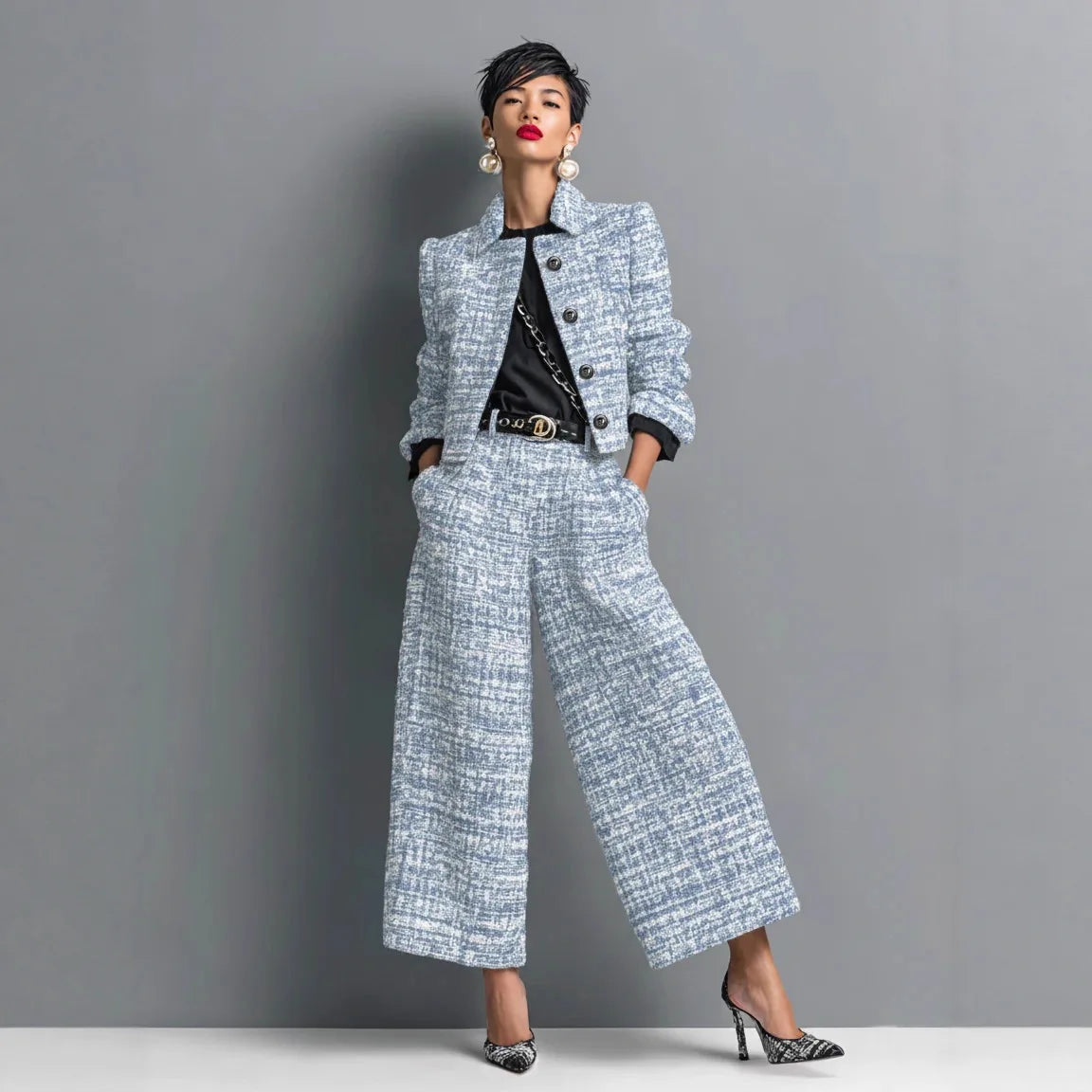 Luxury Tweed Two-Piece Set for Women – Elegant Printed Button Jacket & Wide Leg Pants Set | Modern Blend Boutique