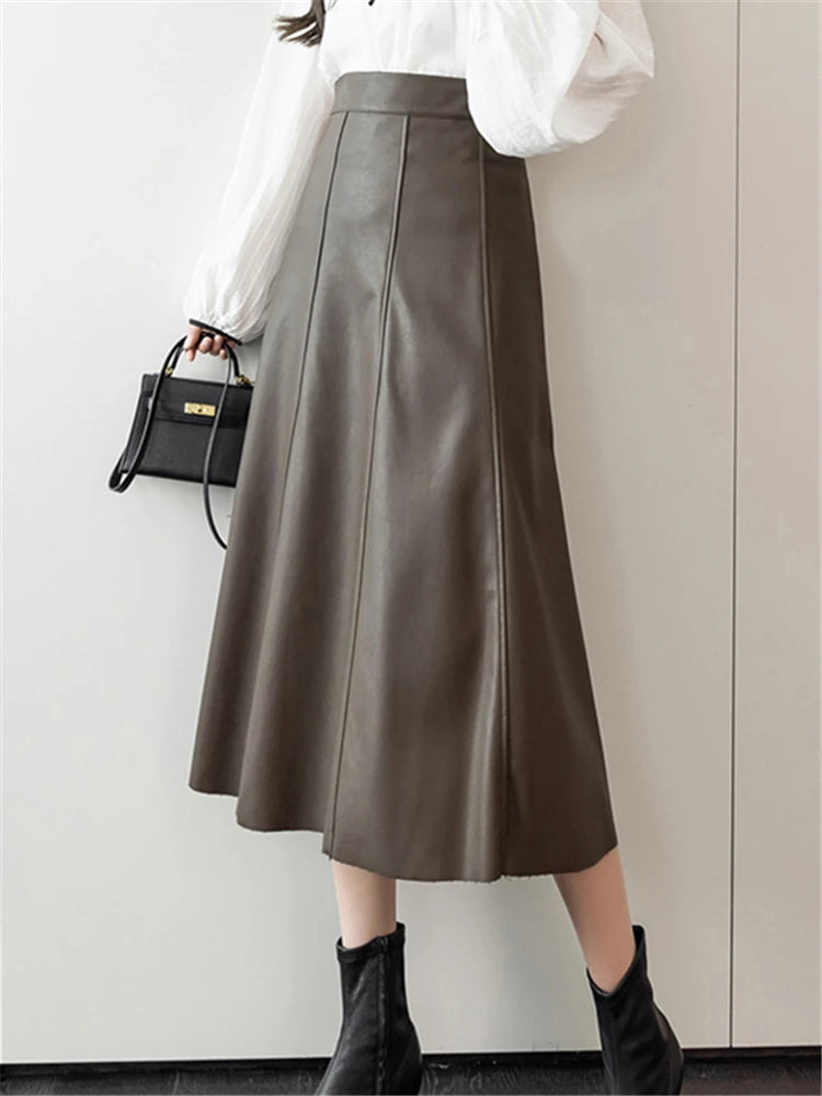 Seoulish Black Faux PU Leather Women's A-Line Skirt/New High Wasit Solid Chic/Umbrella Office Skirt’s Female.