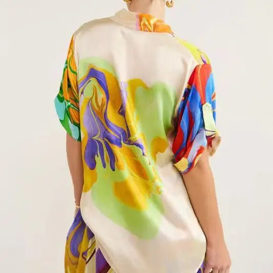 Effortlessly Silk Made Printed Dress/Colored Women Dress/Loose Fit Short Sleeves Shirt Top/Turn Down Collar skirt/2 Piece Sets Set/Tatting Craft.