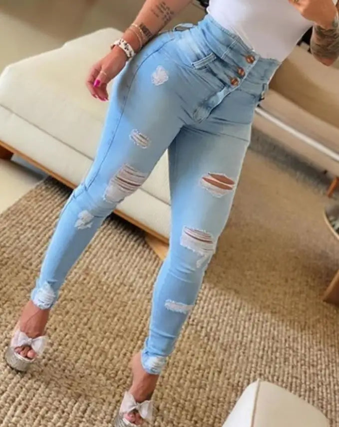 Trend Autumn Fashion High Waist/Buttoned Cutout Ripped Casual/Skinny Plain Pocket Design Daily Long Jeans/Non~Stretch.