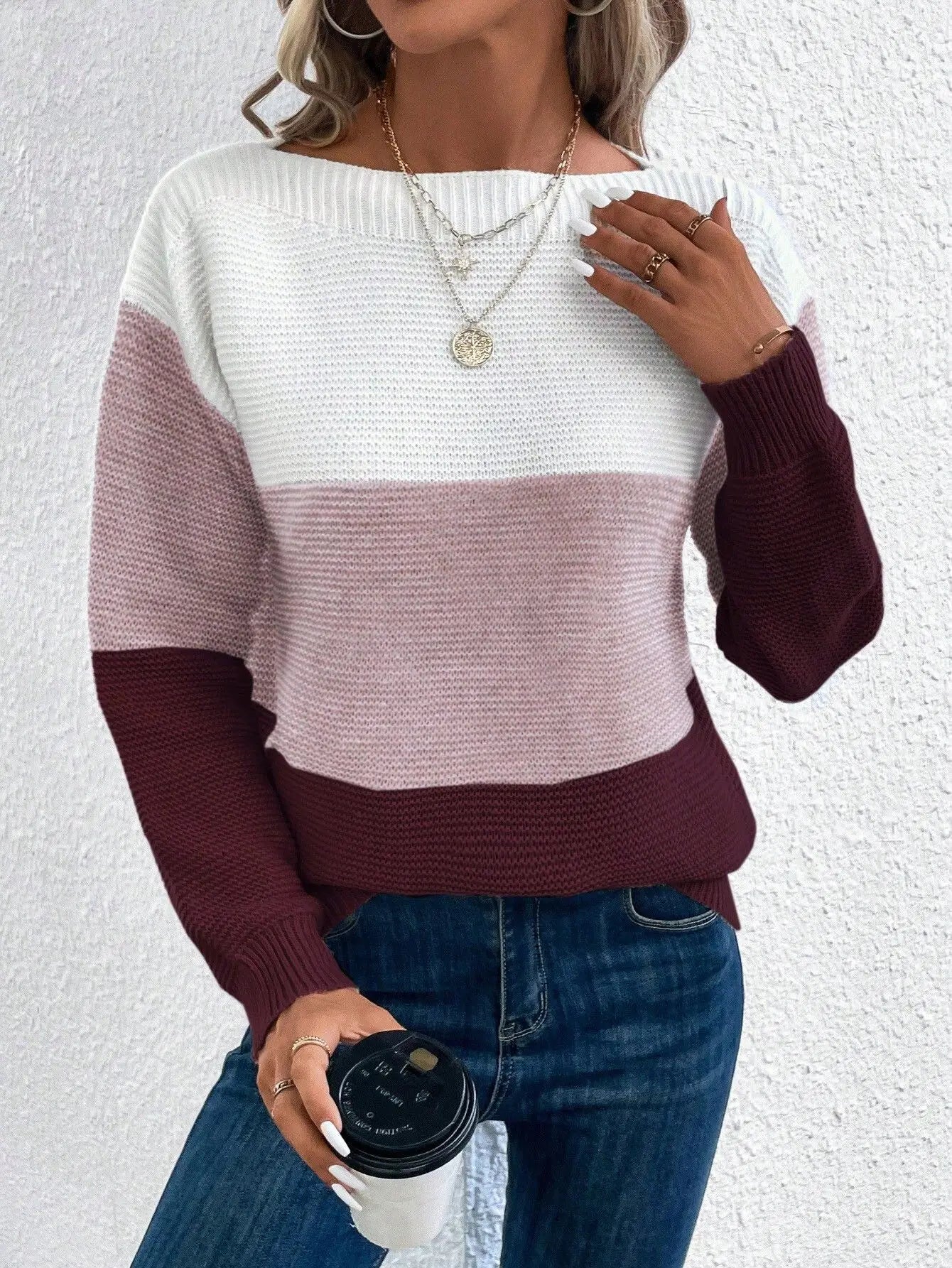 Three-Colored Patchwork Sweater/Casual Loose Jumper Wear/Female Autumn Winter Knitted Thickened Warm Tops.