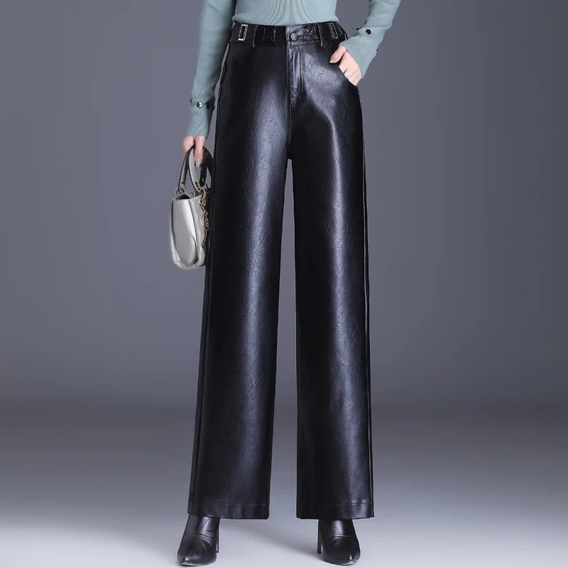 Modern Leather Leg PU Trousers/ Back Elastic Waist  Straight Elegant  Leather Trousers.