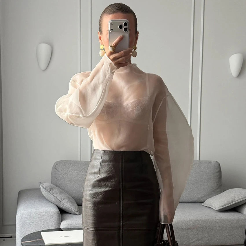 Sheer Organza Lantern Sleeve Blouse for Women – Elegant Mock Neck Long Sleeve Statement Top