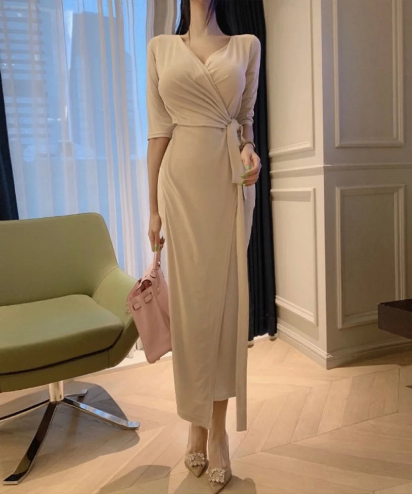 Slimming V-Neck Belted Maxi Dress.
