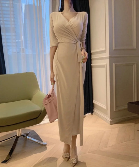 Slimming V-Neck Belted Maxi Dress.