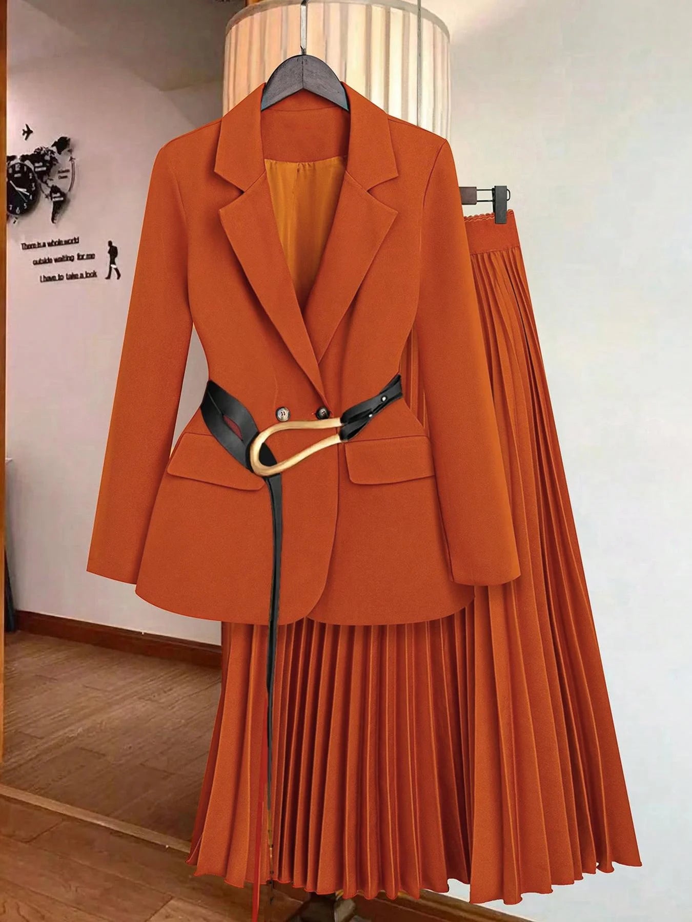 Classy Two-Piece Suit/Skirt & Blazer Jacket (no Belt)/Single Breasted Sashed Design/Pleated Hem Sophisticated Suit.