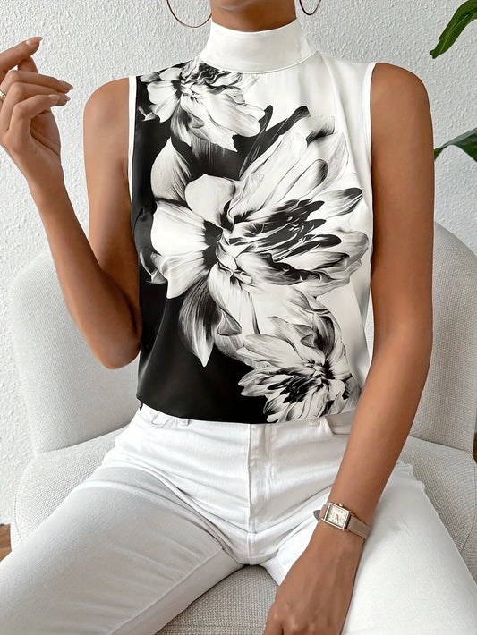 New Emery Rose Flower Print Blouses/2025 Style/Fashion/Sleeveless/Turtleneck Blouse Tops/Synthetic Fiber.