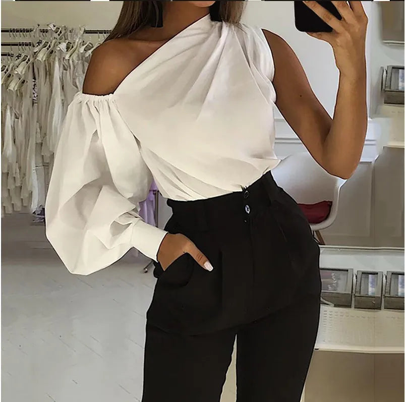 Women's Solid Color Oblique/Shoulder fit long Sleeve. For casual use/Off Shoulder design. Female Fashion Lantern Long Sleeve Shirts.