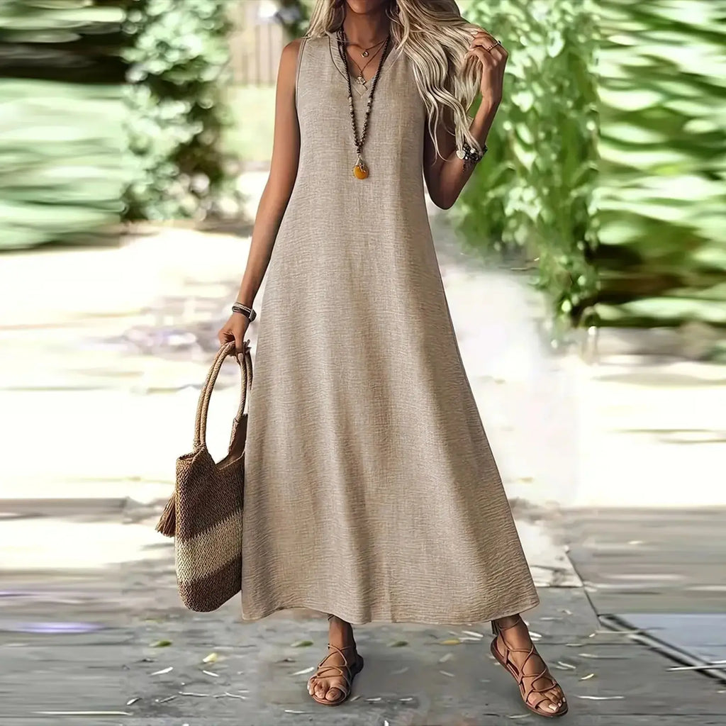 Trendy Solid V-Neck Loose Dress/Sleeveless V Neck Pullover Dresses/Holiday Beach Skirt Robe.