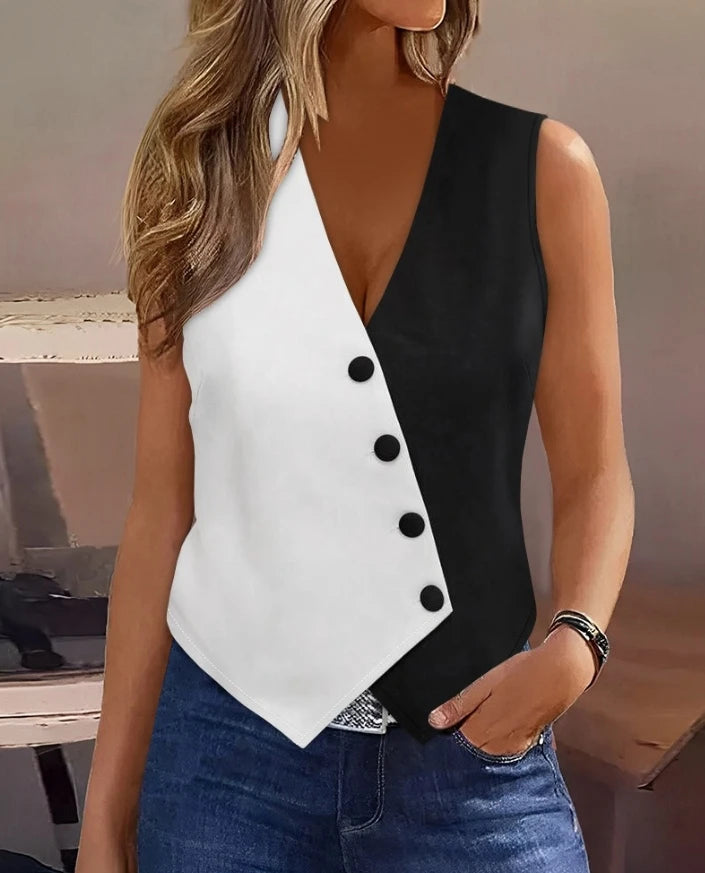 Button Block Diagonal Commuter Vest/Latest Casual Style Colorblock Button V-Neck Sleeveless Daily Versatile Vest Top.