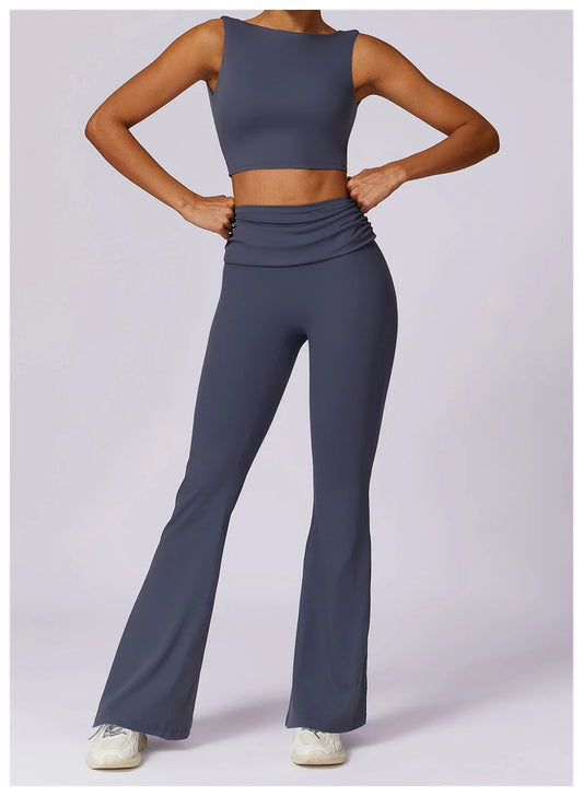 High-Waisted Flared Active Pants with Sculpting Fit – Neutral Beige