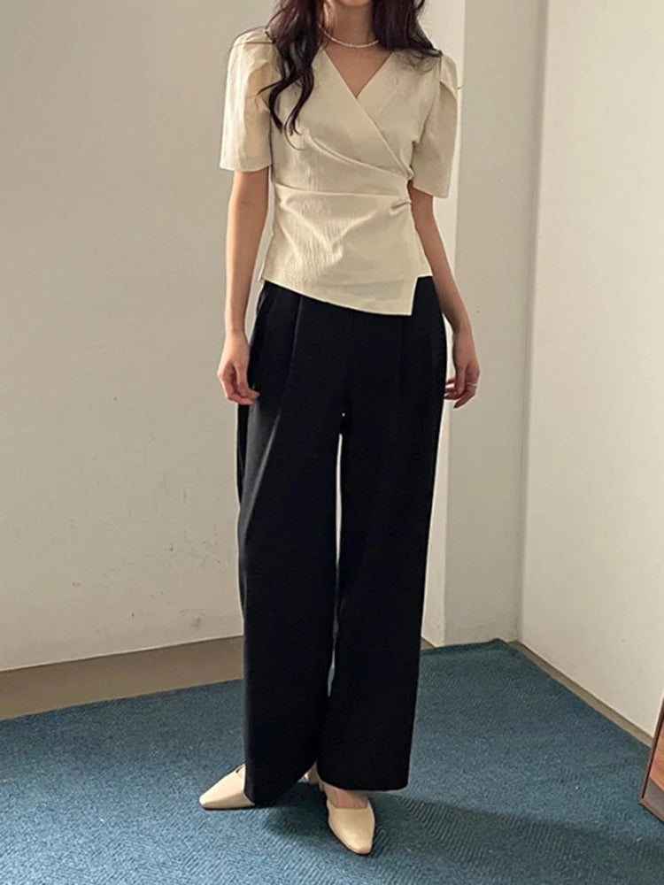 Solid Tucked V Neck Slim Blouse/Elegant Short Sleeve Asymmetrical Top For Women Hot Sale.