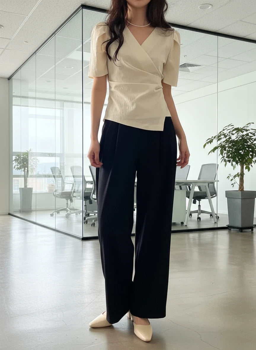 Solid Tucked V Neck Slim Blouse/Elegant Short Sleeve Asymmetrical Top For Women Hot Sale.