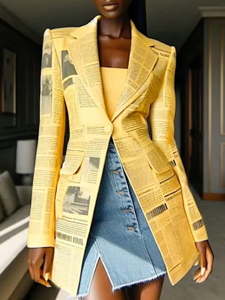Fashion UOOZEE High Street Newspaper Printed Blazer/Jackets Long Sleeves/Notched Collar Personality Outerwear.