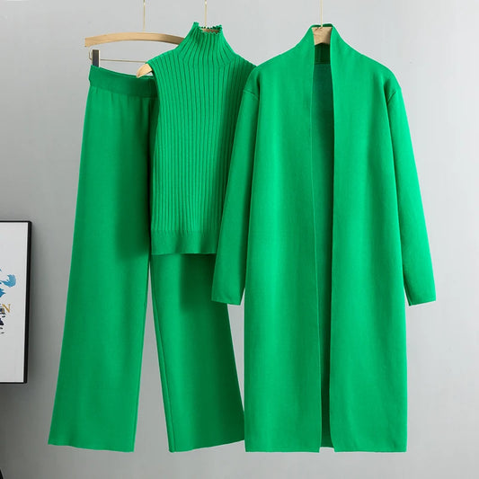 Women’s 3-Piece Knit Cardigan Set | Long Open-Front Coat, Sleeveless Turtleneck Top & Wide-Leg Pants | Fall Winter Lounge & Office Outfit