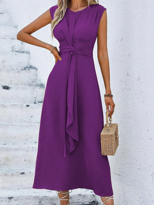 Elegant Sleeveless Waist Tie Midi Dress for Women – Romantic Vacation A-Line Summer Dress | Casual Chic Date Night Outfit | Modern Blend Boutique