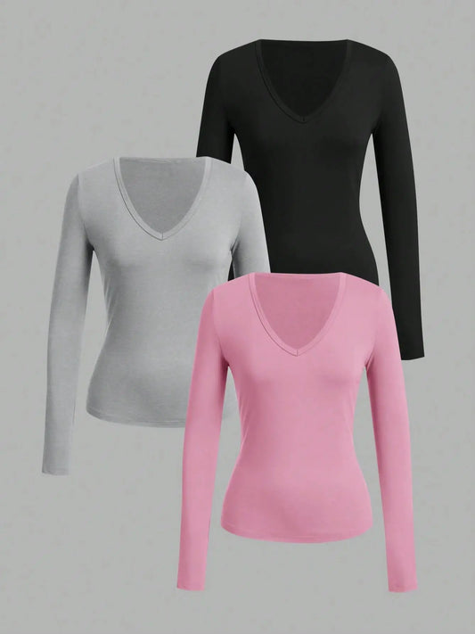 Long-Sleeve V-Neck Fitted Top – Soft Stretch Everyday Essential
