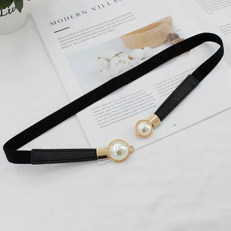 Creative Pearl Buckle Belt/PU Leather Dress Skirt/Waist Elastic Thin Women Belts Ladies Waistband.