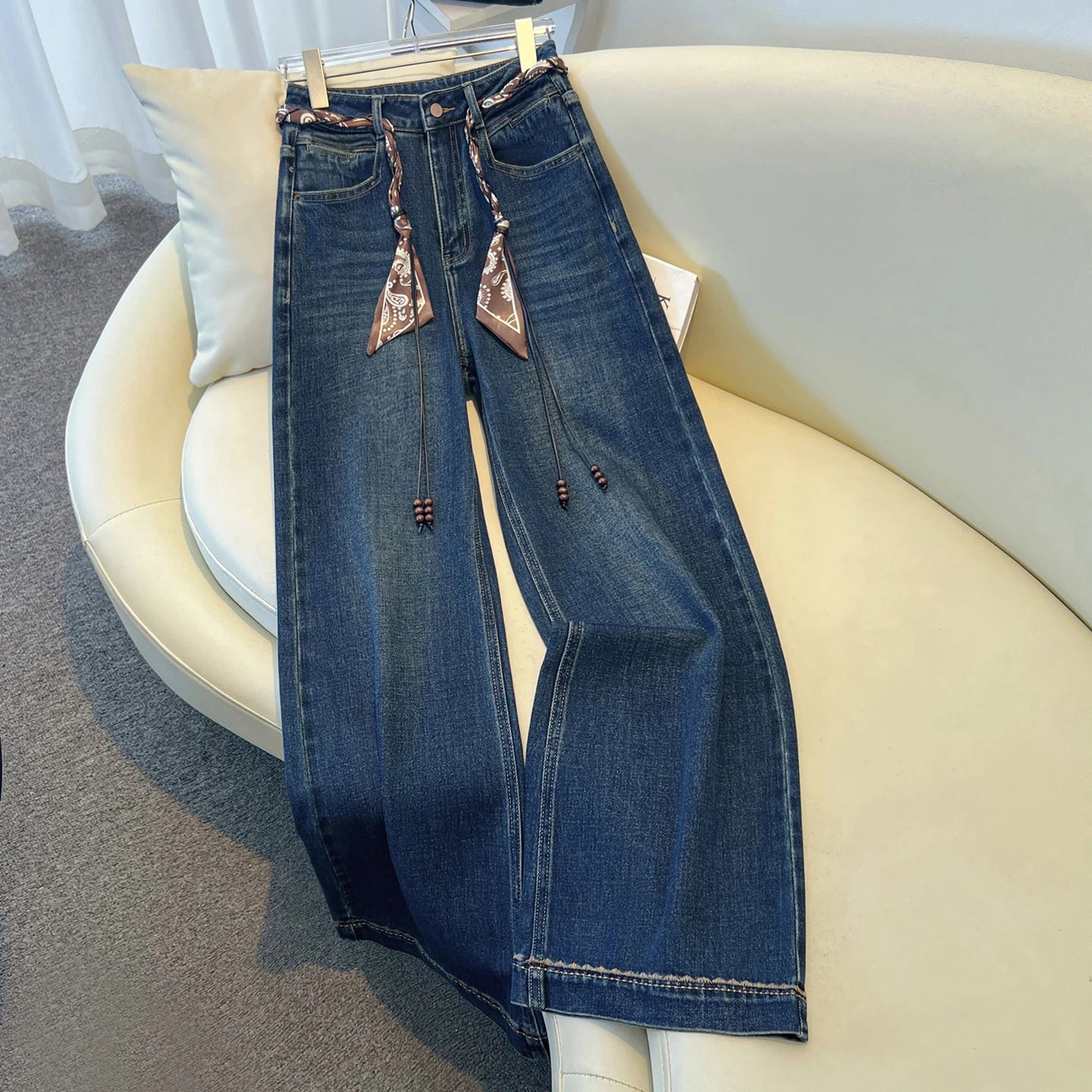 Luxury High-Waist Wide-Leg Denim Jeans with Boho Scarf Tie & Beaded Drawstring | Modern Blend Boutique