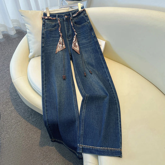 Luxury High-Waist Wide-Leg Denim Jeans with Boho Scarf Tie & Beaded Drawstring | Modern Blend Boutique