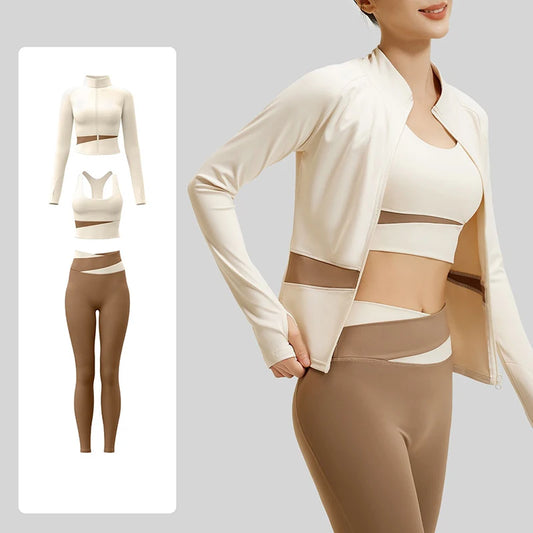 Women’s 3-Piece Colorblock Activewear Set – High-Waist Leggings, Sports Bra & Zip-Up Yoga Jacket | Breathable Quick-Dry Workout Set