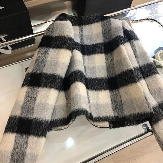 Women’s Plaid Textured Jacket with Gold Buttons – Structured O-Neck Statement Coat | Autumn Winter Luxe Outerwear