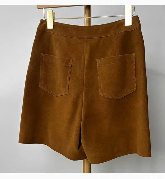 Sheepskin Real Suede Leather Shorts for Women – Genuine Leather Slimming Straight-Leg Mid-Waist Trousers in Coffee Brown | Fall Fashion