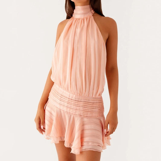 Sexy Halter Ruffled Mini Dress/Lace Up Backless Style/Fashion Cocktail Double Layered Ruffled Dress/Silhouette Fashioned Above Knee Pullover.