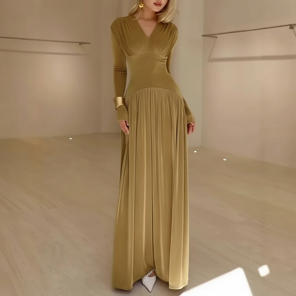 Luxurious Velvet Hight Waist Dress/ Slim Fit A-Line Dress/Fashion Draped Solid Long Party Dress Sexy Deep V-neck Long Sleeve Maxi Dress/Synthetic Fiber.