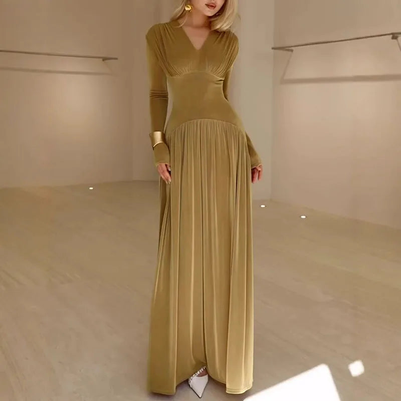 Luxurious Velvet Hight Waist Slim Fit A-Line Dress/Fashion Draped Solid Long Party Dress Sexy Deep V-neck Long Sleeve Maxi Dress/Synthetic Fiber.