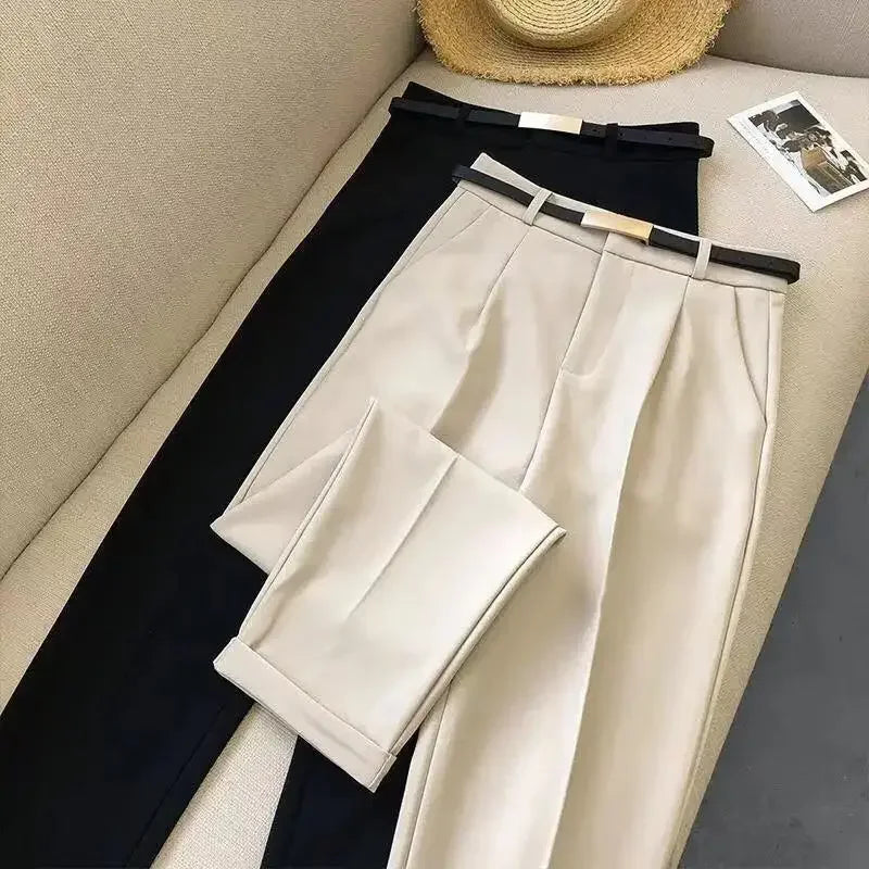Casual Pants Women Fashion Solid Color Sashes  Slim Straight Trousers Chic Business Mujer Retro Belt.