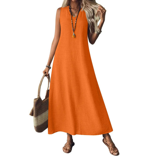 Trendy Solid V-Neck Loose Dress/Sleeveless V Neck Pullover Dresses/Holiday Beach Skirt Robe.