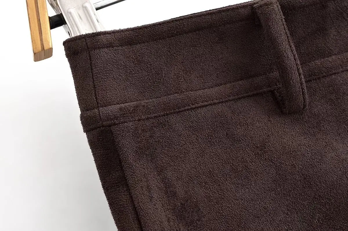 Ladies Coffee Suede Textured Midi Skirt – High-Waisted A-Line Elegant Casual Commuter Skirt