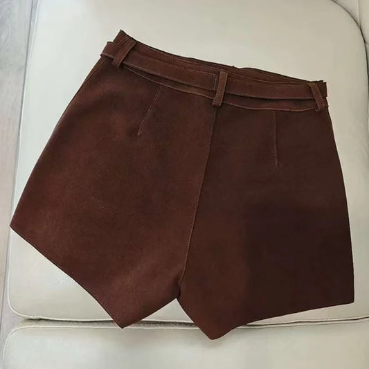 Real Sheepskin Leather Shorts for Women – 2026 New Arrival Casual Genuine Leather Shorts with White Belt, High-Quality Sheepskin, Versatile Summer & Street Style