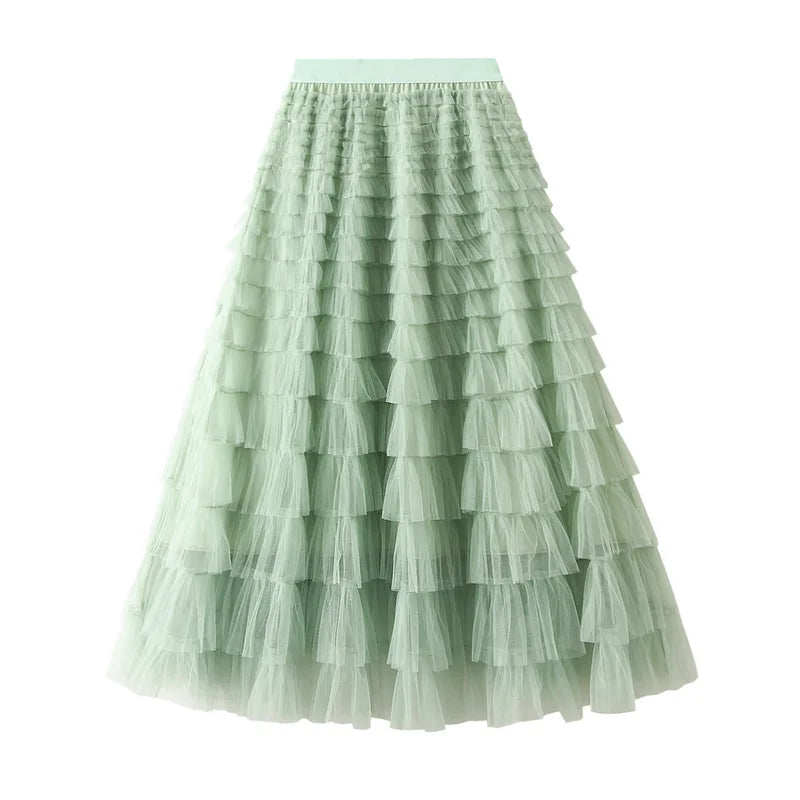 Elegant Layered Mesh Skirt For Women/High-Waisted Puff Skirt/Dropped A~Line/Appliqués Decorative Loose Fitted Skirt.