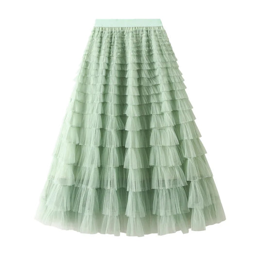 Elegant Layered Mesh Skirt For Women/High-Waisted Puff Skirt/Dropped A~Line/Appliqués Decorative Loose Fitted Skirt.