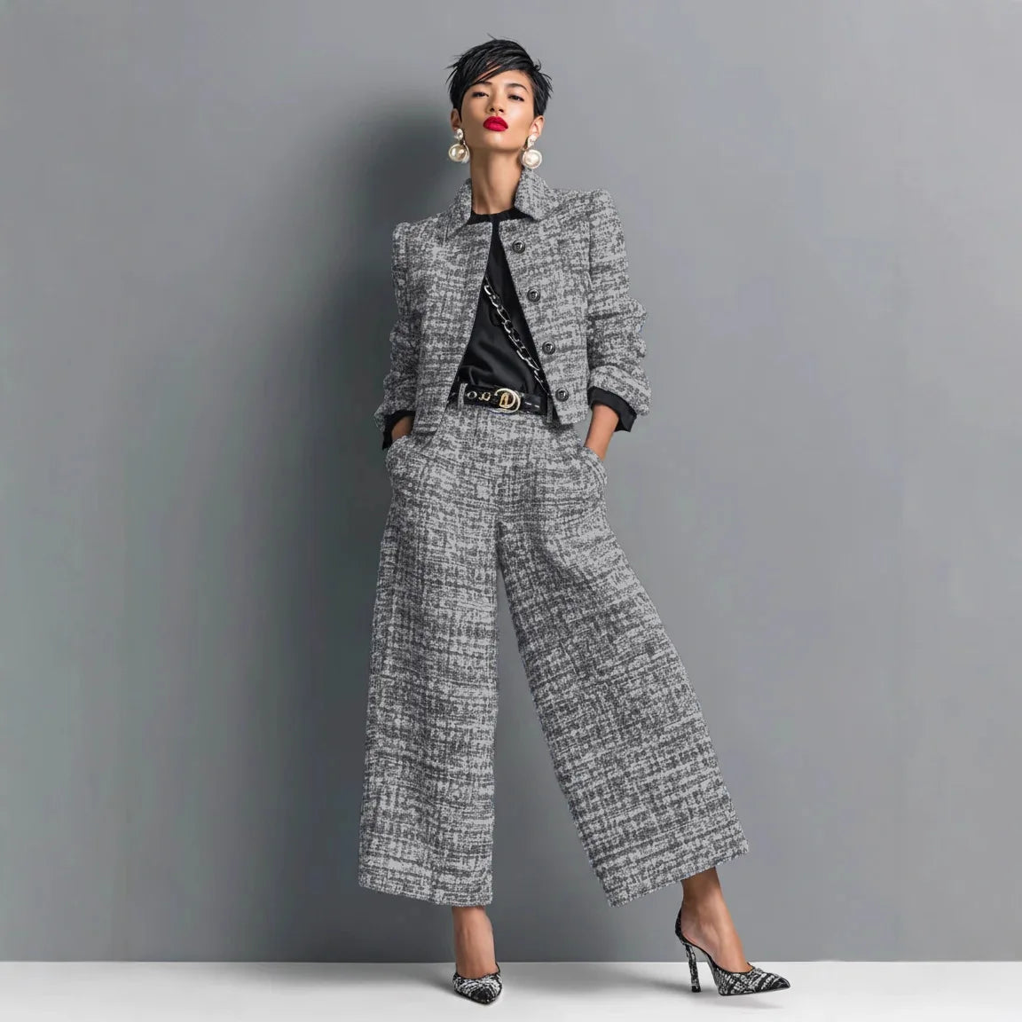 Luxury Tweed Two-Piece Set for Women – Elegant Printed Button Jacket & Wide Leg Pants Set | Modern Blend Boutique